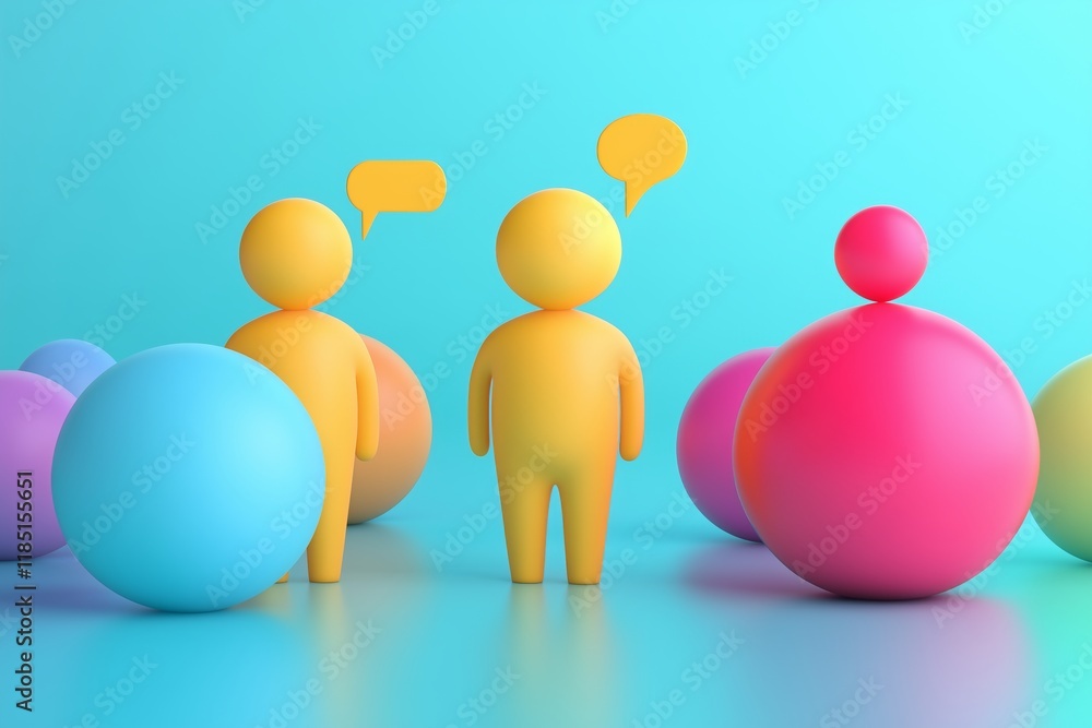 Aufkleber three colorful figures standing on a platform with a speech bubble above them