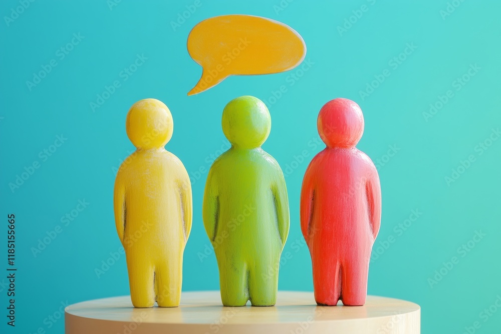 Poster three colorful figures standing on a platform with a speech bubble above them