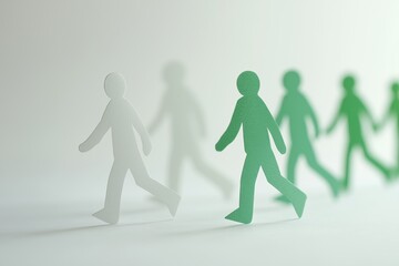 White paper human figures following green one on light background. 