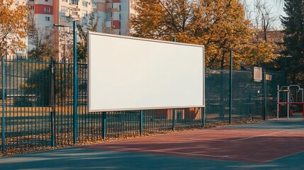 Blank billboard on fence near outdoor basketball court in autumn.