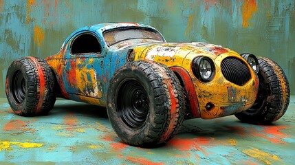 A vibrant, rusty custom-built hot rod with wide tires and paint splatters against a textured background.