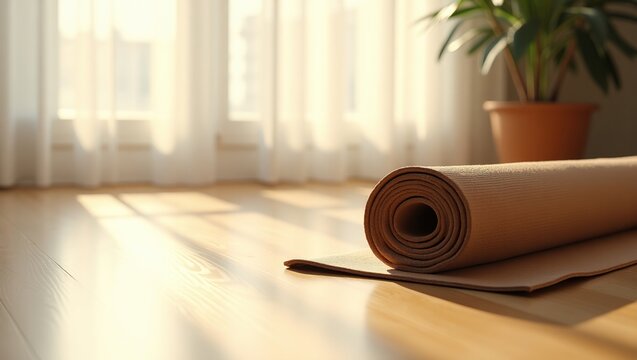 Rolled yoga mat rests on wooden floor in sunlight