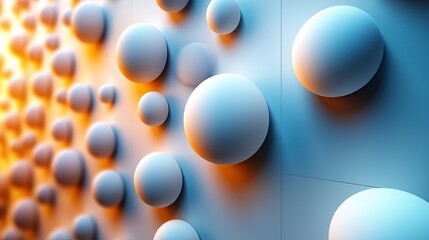 Abstract 3D render of spheres on a wall, illuminated with warm and cool light.