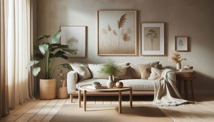 Obraz premium Cozy living room, neutral color palette, beige sofa, wooden coffee table, framed botanical prints, potted plants, natural light, textured throw pillows, woven basket, minimalist decor, earth tones, so