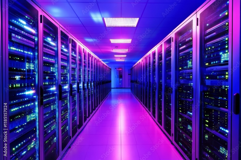 Poster futuristic data center with bright led lighting and server racks in a modern technological environme