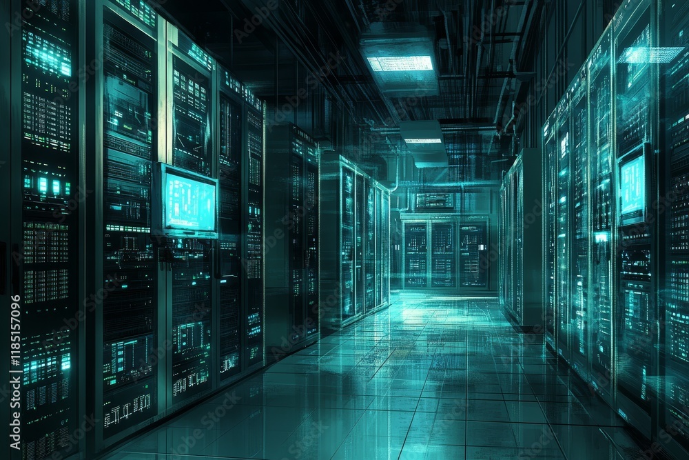Aufkleber futuristic data center with illuminated server racks and glowing screens showcasing advanced technol