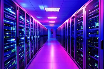 Fototapeta premium Futuristic Data Center with Bright LED Lighting and Server Racks in a Modern Technological Environment