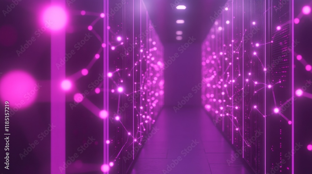 Poster futuristic data center with illuminated technology connections in vibrant pink hues creating a mysti