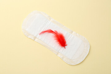 Menstrual pad with red feather on beige background, top view