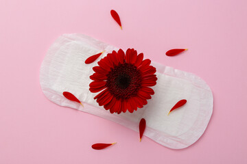 Menstrual pad with red flower on pink background, top view