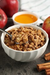 Delicious apple crisp in bowl, fresh fruits, cinnamon sticks and honey on grey table, closeup