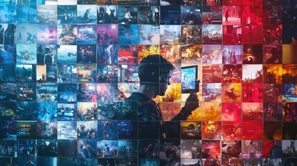 Gamer surrounded by video game screenshots.