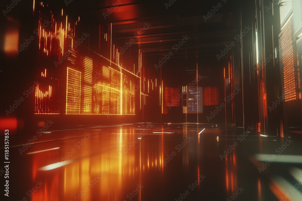 Poster futuristic digital environment with glowing data streams and high-tech visual displays in a dark roo