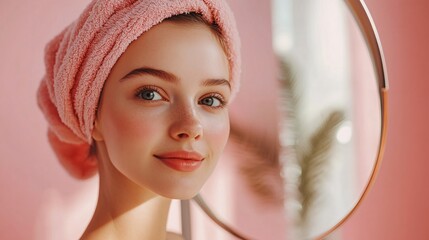 Beautiful woman wearing pink towel turban smiling after shower on pink background