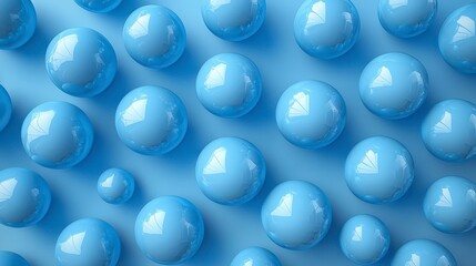 Abstract background of light blue glossy spheres on a pastel blue surface.