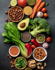 Healthy clean eating layout, vegetarian food and diet nutrition concept. Generated image