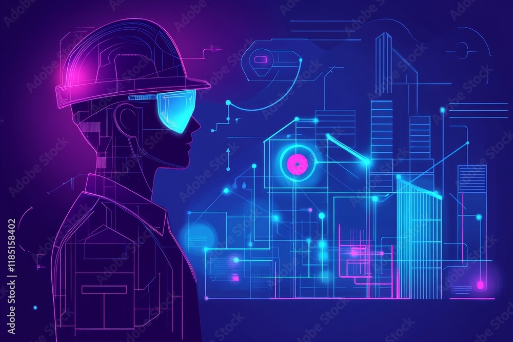 Poster futuristic engineer with hard hat and digital interface representing advanced technology and innovat