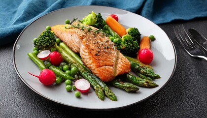 Roasted salmon steak with asparagos broccoli carrot tomatoes radish green beans and peas. Generated image