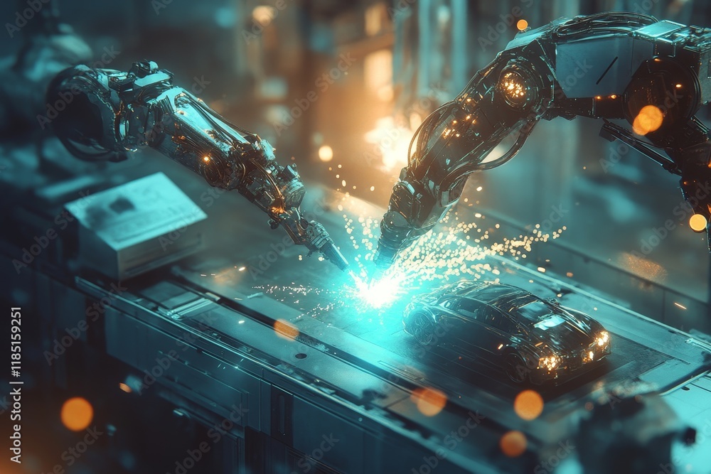 Aufkleber futuristic robotic arms assembling a car in a high-tech factory with sparks flying and a glowing bac