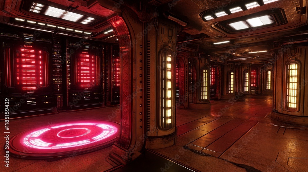 Poster futuristic sci-fi corridor with neon lighting and high-tech panels set in a modern space environment