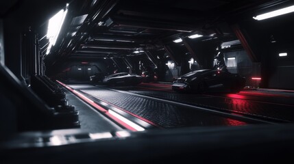 Fototapeta premium Futuristic Sci-Fi Hangar with Sleek Hover Vehicles Under Dramatic Red and White Lighting, Showcasing Advanced Technology and High-Tech Environment