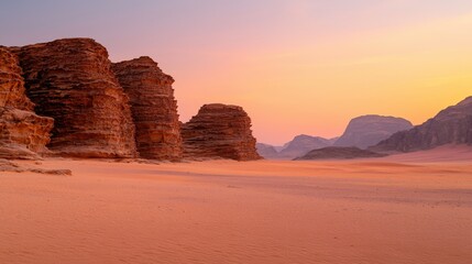 Wilderness and desert pristine, A serene desert landscape at dusk, featuring towering rock formations and a vast sandy expanse under a colorful sky.