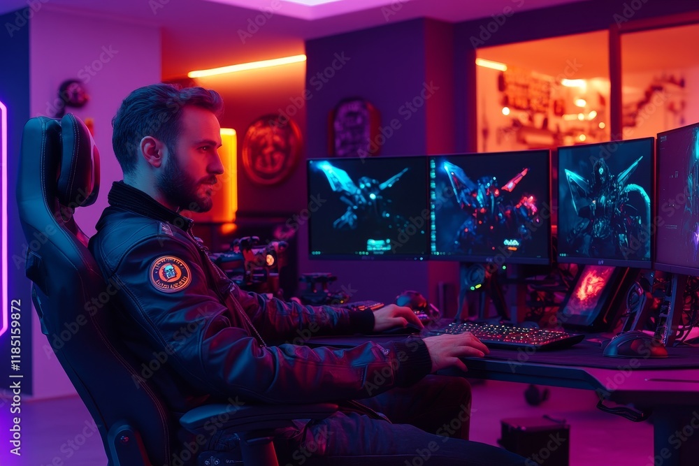 Poster gamer at work in a stylish setup with multiple monitors surrounded by colorful ambient lighting in a