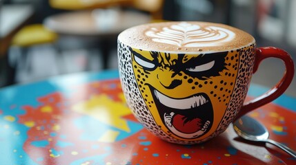 Vibrant latte art cups featuring pop-art comic characters on brightly colored abstract tables,...