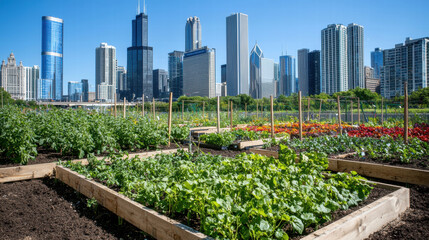 Fototapeta premium Urban community garden with city skyline in background