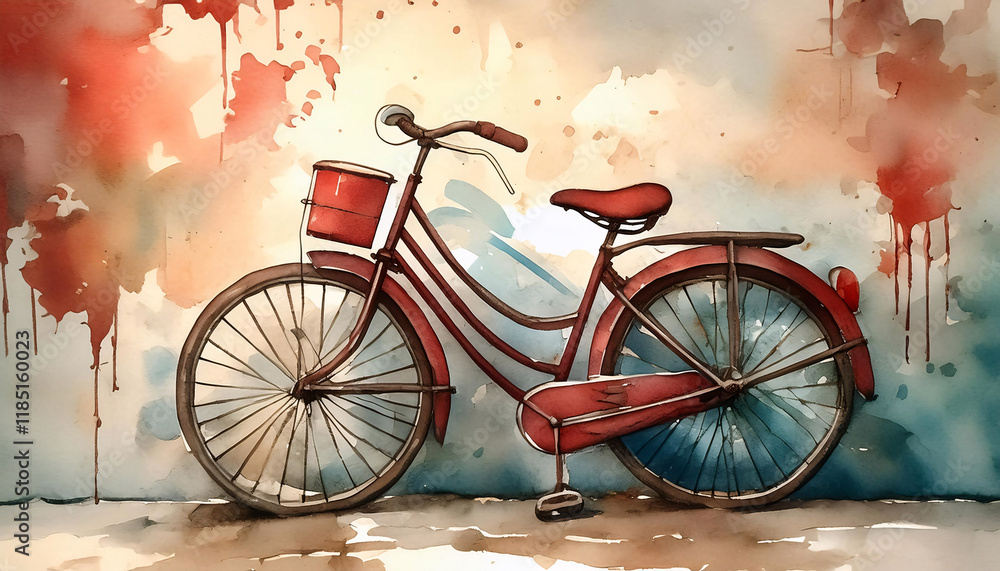 Poster a vintage red bicycle with a basket is depicted against a colorful, abstract background with splashe