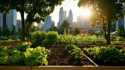 Fototapeta premium Urban community garden with lush greenery and city skyline at sunset