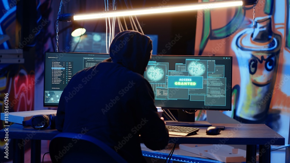 Poster hacker in hidden shelter excited after managing to launch successful ddos attack on website, celebra