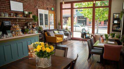 Fototapeta premium Cozy cafe interior with brick walls and large windows, inviting atmosphere