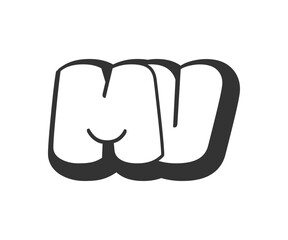 MV logo, bubble comic lettering, rounded in graffiti style black and white silhouette. Trendy preschool M and V letter text for festival party, personal initials, children funky print and web.
