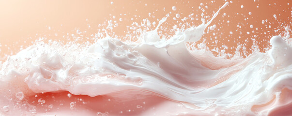 Fototapeta premium Milk splashing and making waves with drops on peach background