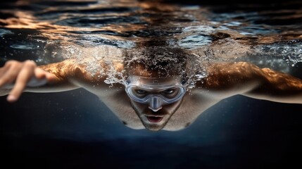 Male in a pool: swimmer close-up, aquatic skill, water splash, athletic effort, freestyle focus, rippling waves, diving motion, competitive edge, muscular form, swimming precision, fitness drive.