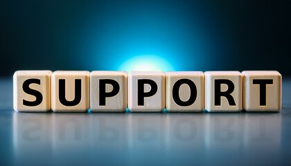 SUPPORTの英単語の文字が書かれたキューブブロック。aiで生成	