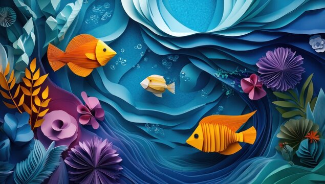 Papercraft Underwater Scene with Colorful Fish and Coral