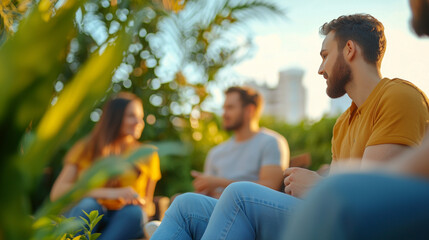 Outdoor Group Conversation Among Friends with Lush Background