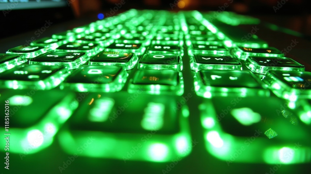 Poster illuminated green keyboard close-up with soft focus effect highlighting the unique design of modern 