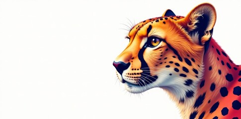 Obraz premium Cheetah muzzle illustration with bold, vibrant colors and geometric shapes set against a clean white background , watercolor style, wildlife design , seamless pattern