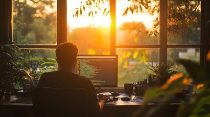 Fototapeta premium Individual Working on Computer in Sunlit Room Surrounded by Plants, Coding with Focus and Creativity, Natural Light Streaming Through Window, Peaceful Workspace