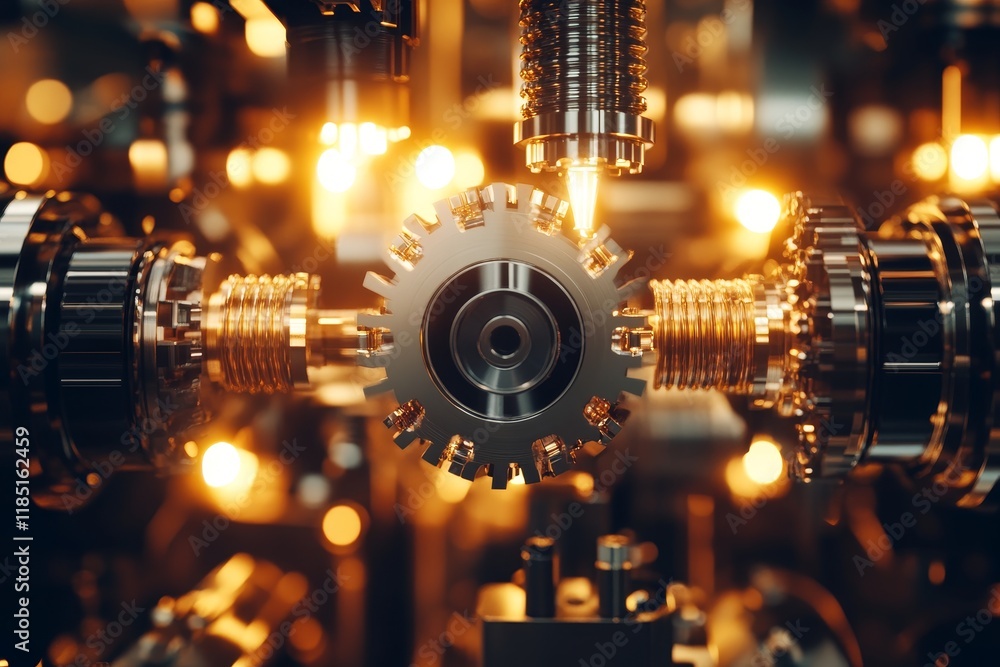 Poster intricate close-up of precision engineering with gears and metallic components in a backlit industri