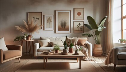 Minimalist living room, neutral tones, beige couch, wooden coffee table, large potted plants, fiddle leaf fig, botanical wall art, woven baskets, natural textures, organic shapes, calm atmosphere, Sca