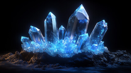 neon blue crystal with 3d rendering on dark background, showcasing beautiful and vibrant glowing crystal design in cartoon style for modern digital artwork

