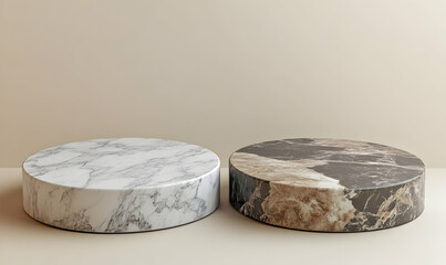 Beige studio, two marble podiums, product display