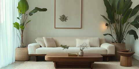 Minimalist living room, neutral tones, beige couch, wooden coffee table, large potted plants, fiddle leaf fig, botanical wall art, woven baskets, natural textures, organic shapes, calm atmosphere, Sca