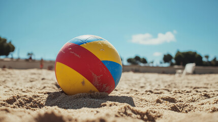 Obraz premium Beach ball on sand, playful vibe on sunny day at beach