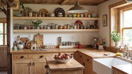 Cozy rustic kitchen with wooden countertops colorful ceramics spices pendant lamps and fresh fruit