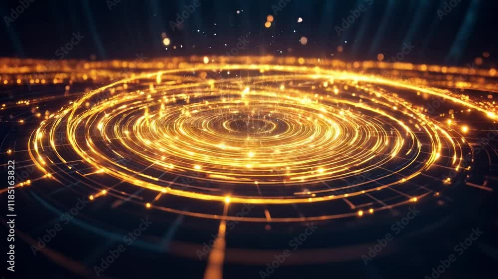 Aufkleber an abstract composition of concentric circles and polygons dividing a dark canvas into glowing, inte